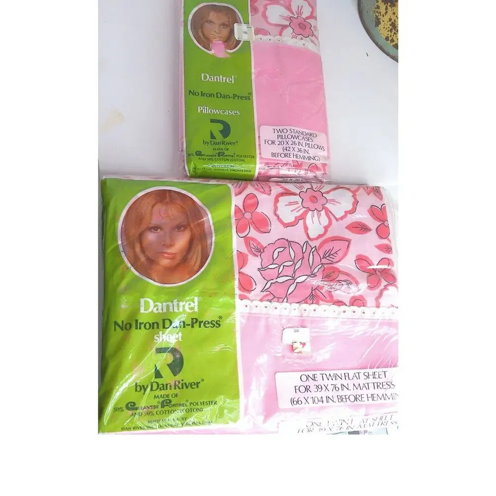 Vtg Dan River Dantrel Twin Flat Sheet 2 Pillowcases Set Pink Floral Retro NOS